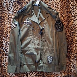 Olive Green Military Jacket with Embroidered Patches